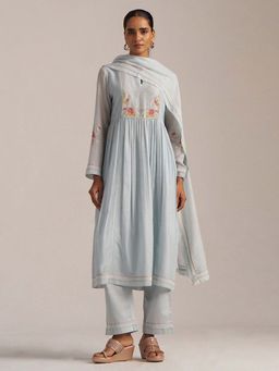 Ganga Fashions - Blue Floral Anarkali Kurta and Pant with Dupatta (Set of 3)