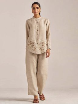Ganga Fashions - Beige Floral Shirt with Pant (Set of 2)