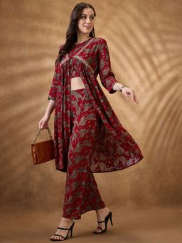 Globus - Maroon Printed Top with Shrug and Pant (Set of 3)