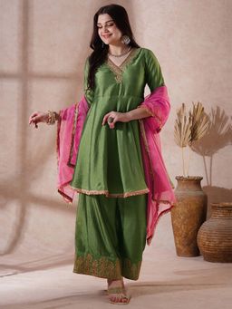 Globus - Green Embroidered Kurta and Palazzo with Dupatta (Set of 3)