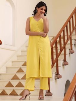 Janasya - Yellow Self Design Kurta with Pant (Set of 2)