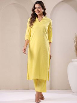 Janasya - Yellow Self Design Kurta with Pant (Set of 2)