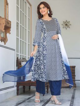 Janasya - Navy Blue Floral Kurta and Pant with Dupatta (Set of 3)