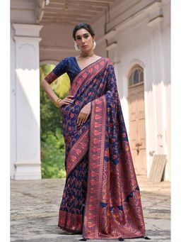 VISHNU WEAVES - Navy Blue Woven Saree with Unstitched Blouse