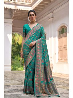 VISHNU WEAVES - Turquoise Woven Saree with Unstitched Blouse