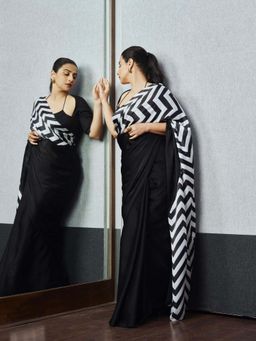 Swtantra - Black Printed Saree with Unstitched Blouse