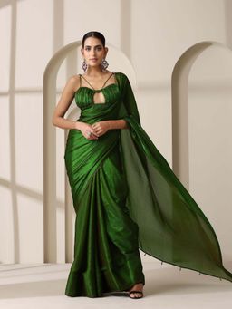 Swtantra - Green Solid Saree with Unstitched Blouse