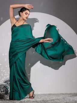 Swtantra - Teal Solid Saree with Unstitched Blouse