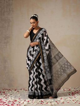 Swtantra - Black Printed Saree with Unstitched Blouse