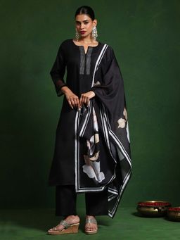 Varanga - Black Floral Kurta and Pant with Dupatta (Set of 3)