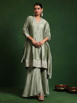 Varanga - Green Embroidered Anarkali Kurta and Palazzo with Dupatta (Set of 3)