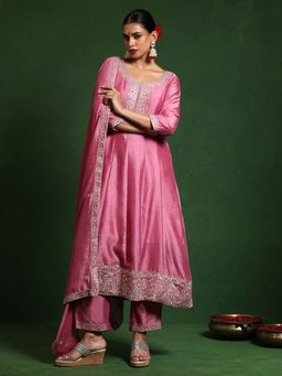 Varanga - Pink Embroidered Kurta and Pant with Dupatta (Set of 3)