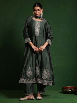 Varanga - Green Embroidered Anarkali Kurta and Pant with Dupatta (Set of 3)