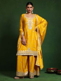 Varanga - Yellow Embroidered Kurta and Palazzo with Dupatta (Set of 3)