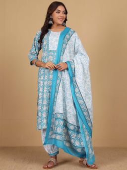 Varanga - Blue Floral Kurta and Salwar with Dupatta (Set of 3)