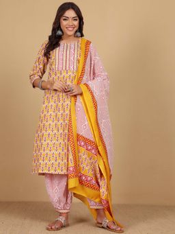 Varanga - Yellow Printed Kurta and Salwar with Dupatta (Set of 3)