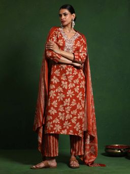 Varanga - Rust Printed Kurta and Pant with Dupatta (Set of 3)