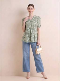 Cotton Culture - Women'S Green Floral Print Pure Cotton Tunic