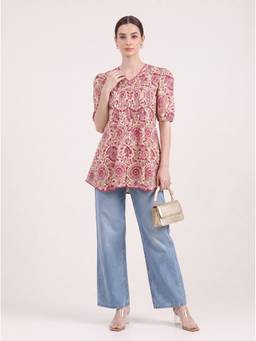 Cotton Culture - Women'S Pink Floral Print Pure Cotton Tunic