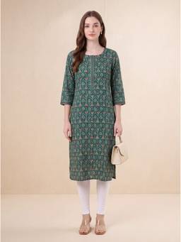 Cotton Culture - Women'S Bottle Green Jaipuri Print Straight Kurta