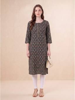 Cotton Culture - Women'S Black Jaipuri Print Straight Kurta