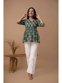KAPLY - Women Dark Green Floral Printed Angrakha Short Tunic