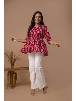 KAPLY - Women Maroon Floral Printed Angrakha Short Tunic
