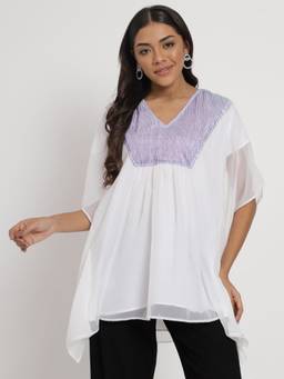 Studio Rasa - Women White Georgette Metallic Yoke Tunic