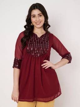 Studio Rasa - Women Maroon Georgette Embellished Yoke Tunic