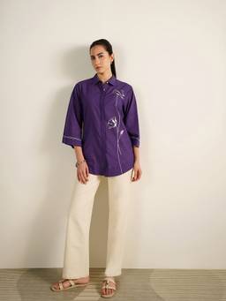 Pink Fort - Purple Cotton Placement Floral Print Shirt