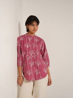 Pink Fort - Pink Cotton Floral Mandarin Collar Shirt