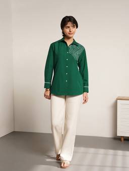 Pink Fort - Green Cotton Placement Print Shirt