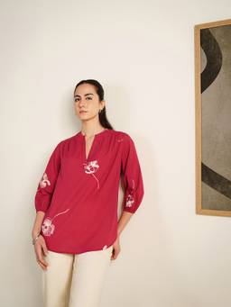 Pink Fort - Pink Cotton Floral Mandarin Collar Top