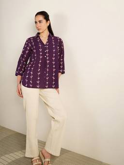 Pink Fort - Purple Cotton Floral Collared Top