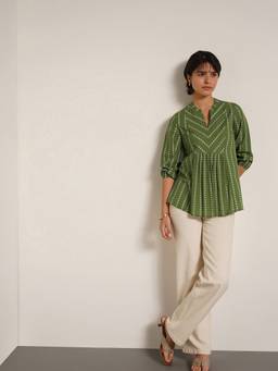 Pink Fort - Green Cotton Printed Mandarin Collar Top