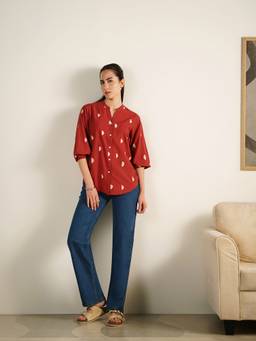 Pink Fort - Maroon Cotton Geometric Print Shirt