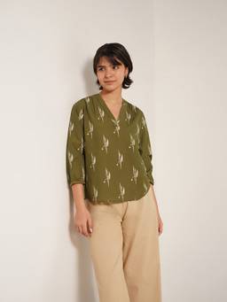 Pink Fort - Olive Pure Cotton Motif Print Top