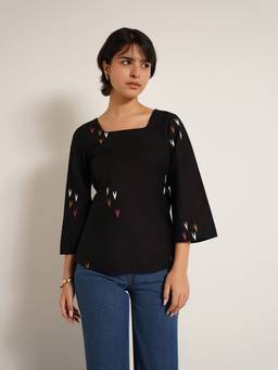 Pink Fort - Black Cotton Motif Print Square Neck Top