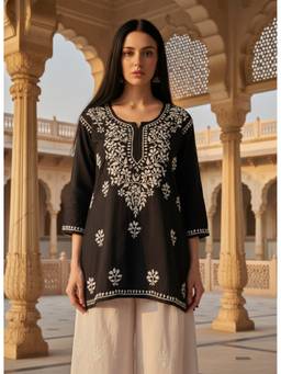 Khaka-The Chikankari Heritage - Black Women's Rayon Short Whitethread Chikankari Straight Kurti
