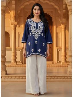 Khaka-The Chikankari Heritage - Blue Women's Rayon Short Whitethread Chikankari Straight Kurti