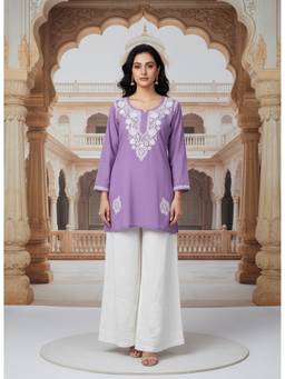 Khaka-The Chikankari Heritage - Lavender Women's Rayon Short Chikankari Straight Kurti