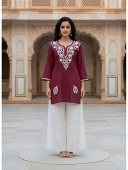 Khaka-The Chikankari Heritage - Maroon Women's Rayon Short Whitethread Chikankari Straight Kurti