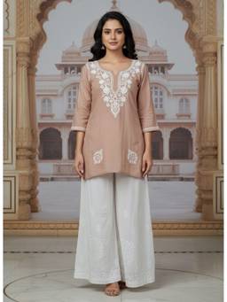 Khaka-The Chikankari Heritage - Peach Women's Rayon Short Whitethread Chikankari Straight Kurti