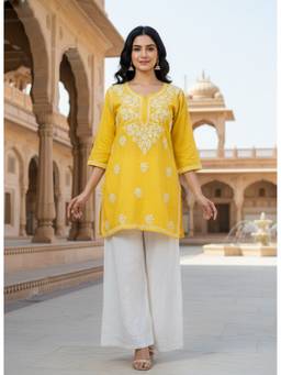 Khaka-The Chikankari Heritage - Yellow Women's Rayon Short Whitethread Chikankari Straight Kurti