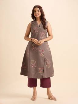 VISMAY - Coffee Brown Cotton Flax Slub Printed Kurta
