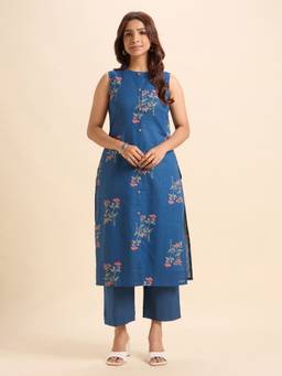 VISMAY - Blue Cotton Flax Slub Printed Slited Kurta