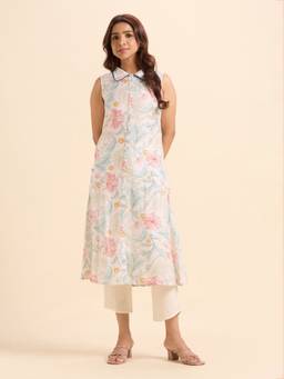 VISMAY - White Nylon Viscose Printed Collared Kurta