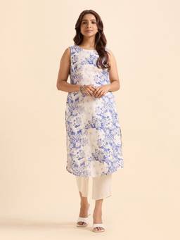 VISMAY - Off White Cotton Flax Floral Printed Slitted Kurta