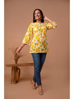 KAPLY - Women Yellow Floral Print Flare Sleeve Kurti