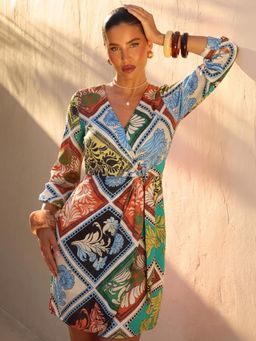 ZUMMER - Women Multi-Color Satin Floral Wrap Dress with Belt